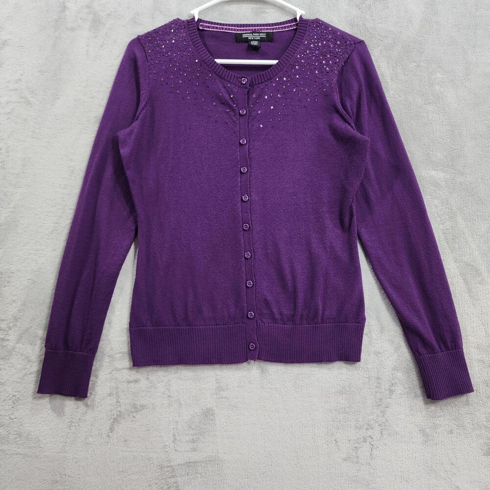 Central Park West Cardigan Sweater Womens S Purple Sequin Button Embellished
